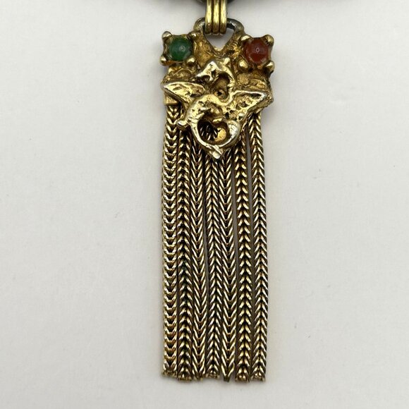 Vintage Kramer of New York Brooch Tassel Faux Jade Cabochon Gold Tone Rare - Picture 3 of 15